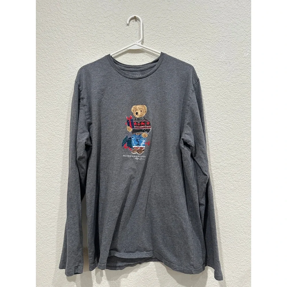 Polo Ralph Lauren Mens Grey Long Sleeve Polo Bear Holiday Graphic T-Shirt Large